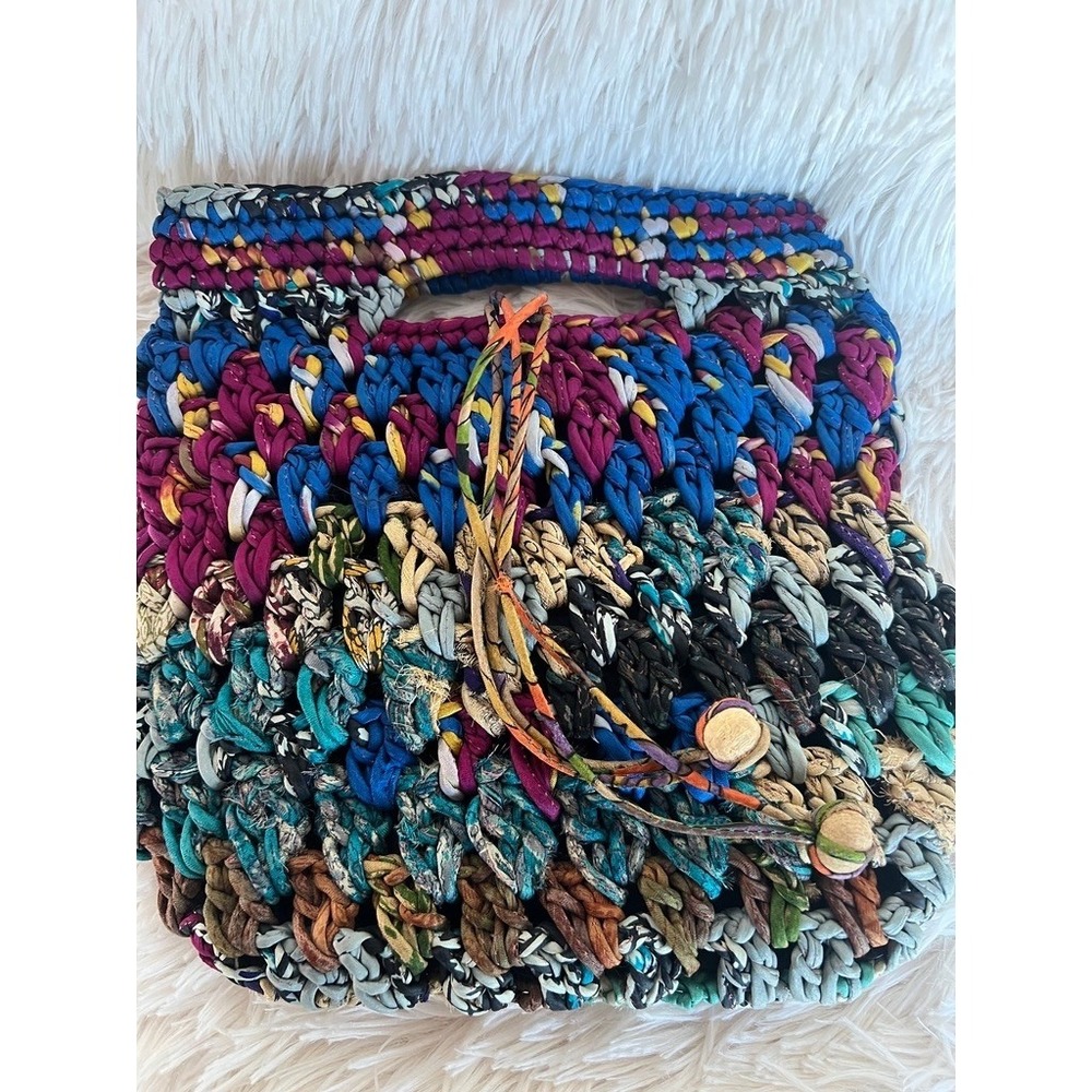 Chan Luu Crochet Handbag Tote Textile Small Boho Fabric Knit Bag Hippie Upcycled - Picture 11 of 12